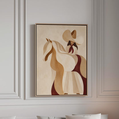 Stylised cream horse in curved shapes with a rider in white above it, canvas print in a bright room with natural daylight