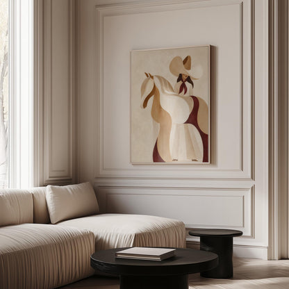 Stylised cream horse in curved shapes with a rider in white above it, canvas print styled against a soft white wall