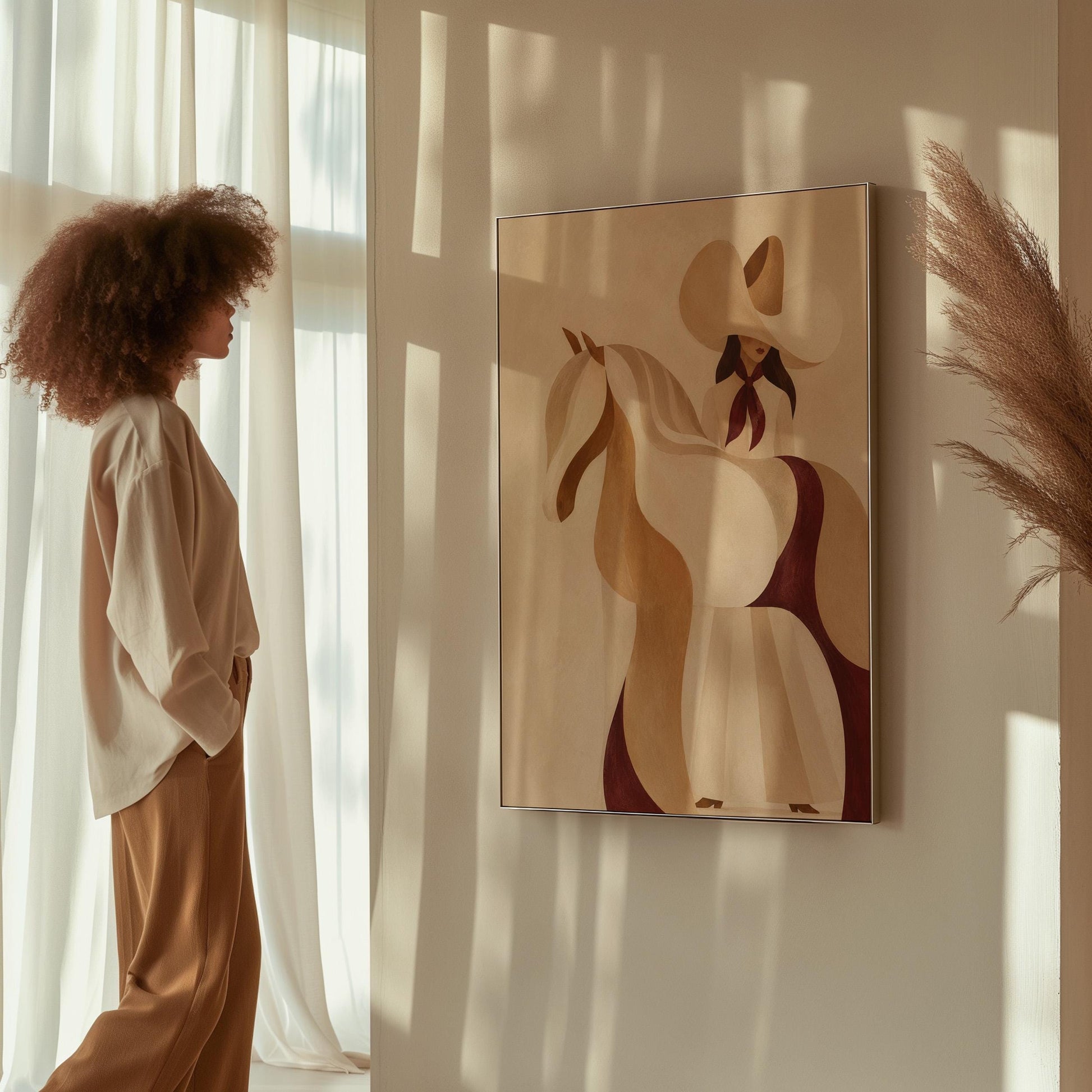 Stylised cream horse in curved shapes with a rider in white above it, canvas print presented in a light, minimal room