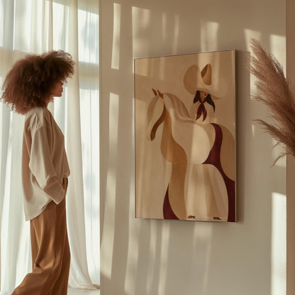 Stylised cream horse in curved shapes with a rider in white above it, canvas print presented in a light, minimal room