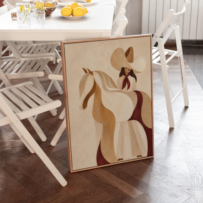Stylised cream horse in curved shapes with a rider in white above it, canvas wall art hanging in a calm, modern living space