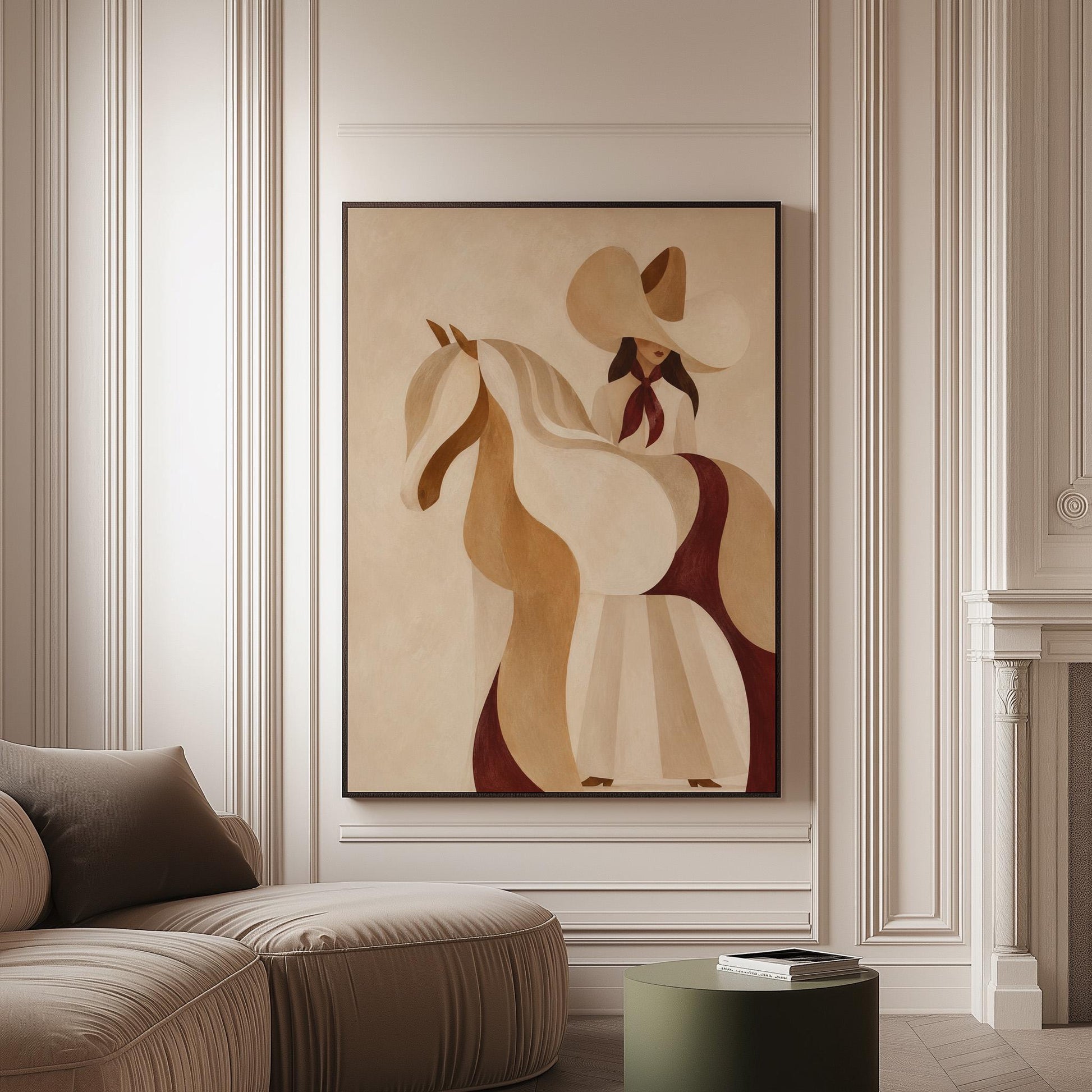 Stylised cream horse in curved shapes with a rider in white above it, canvas print on a softly lit wall in a calm interior