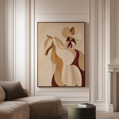 Stylised cream horse in curved shapes with a rider in white above it, canvas print on a softly lit wall in a calm interior