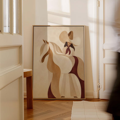 Stylised cream horse in curved shapes with a rider in white above it, canvas wall art on a quiet wall in a considered interior