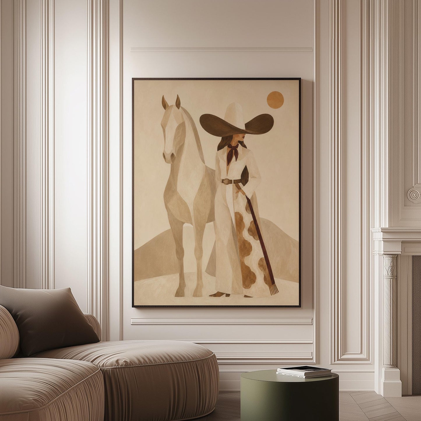 Cowgirl in a dark hat with a pale horse before soft desert hills, canvas print on a softly lit wall in a calm interior
