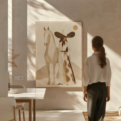 Cowgirl in a dark hat with a pale horse before soft desert hills, canvas wall art presented in a light, minimal room