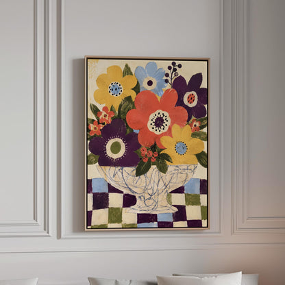Bright folk bouquet in a white urn set on a checkerboard tabletop, canvas print in a bright room with natural daylight
