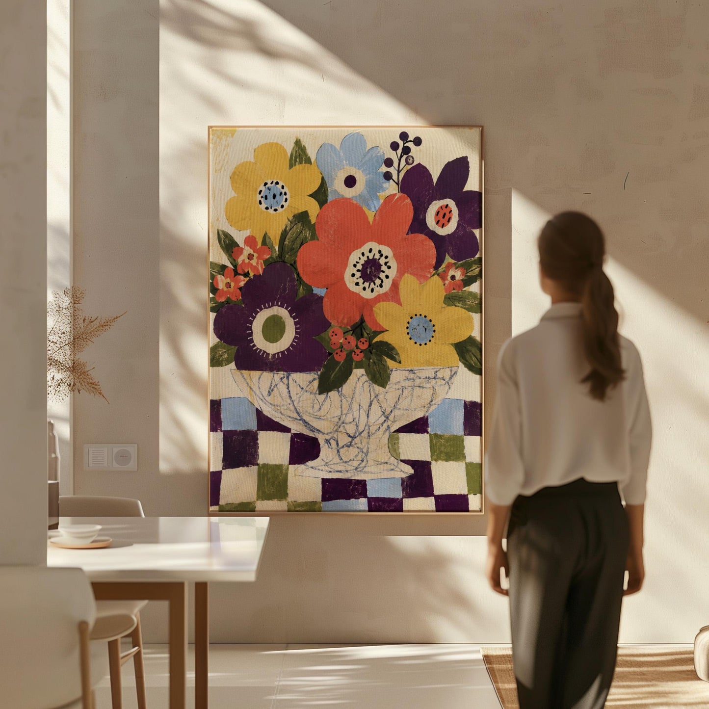 Bright folk bouquet in a white urn set on a checkerboard tabletop, canvas print on a quiet wall in a considered interior