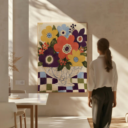 Bright folk bouquet in a white urn set on a checkerboard tabletop, canvas print on a quiet wall in a considered interior