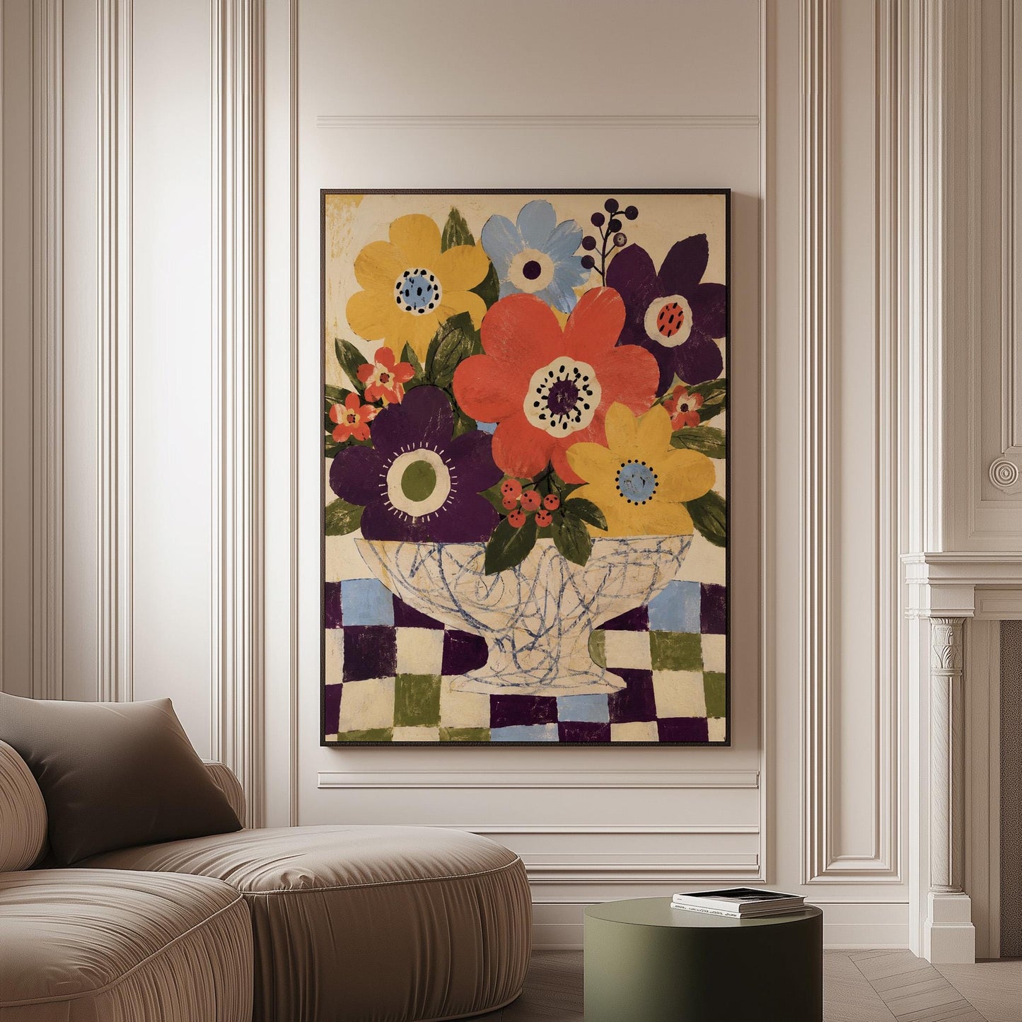 Bright folk bouquet in a white urn set on a checkerboard tabletop, canvas print on a softly lit wall in a calm interior
