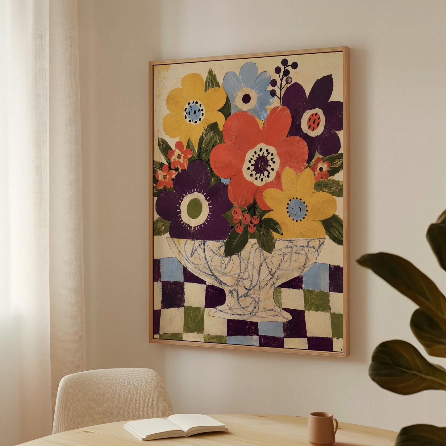 Bright folk bouquet in a white urn set on a checkerboard tabletop, canvas wall art styled against a soft white wall