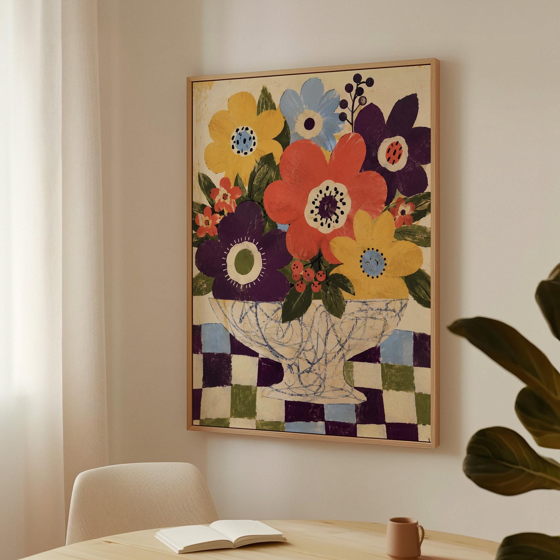 Bright folk bouquet in a white urn set on a checkerboard tabletop, canvas wall art styled against a soft white wall