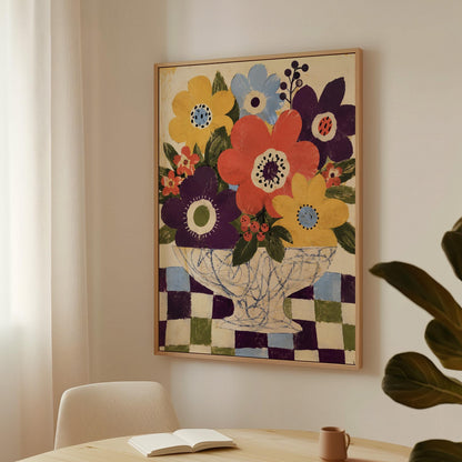Bright folk bouquet in a white urn set on a checkerboard tabletop, canvas wall art styled against a soft white wall