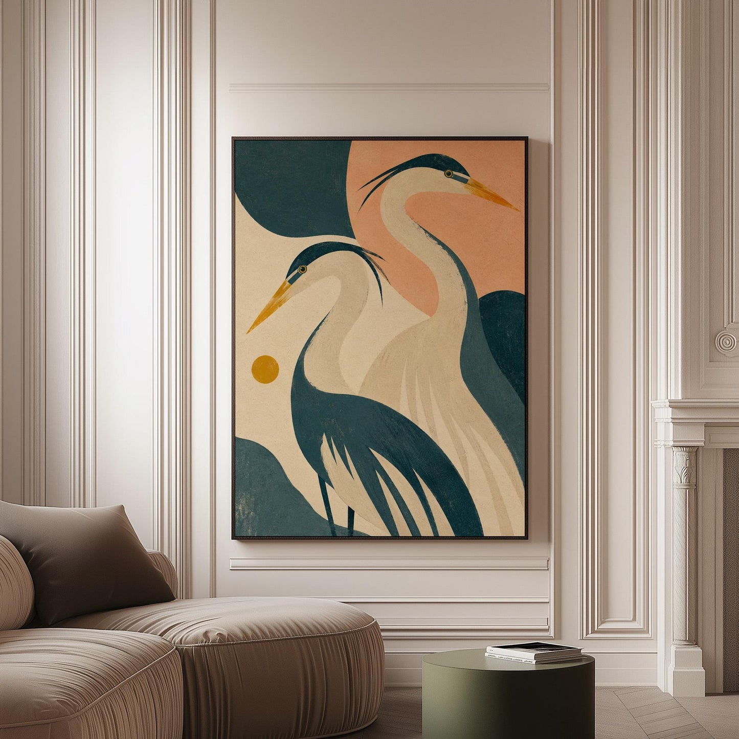 Two great herons with yellow beaks against a peach and teal sky, canvas print on a softly lit wall in a calm interior