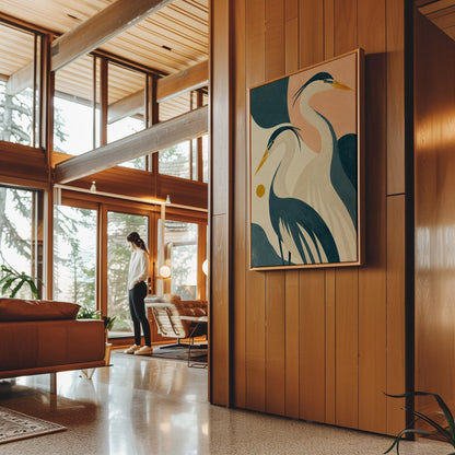 Two great herons with yellow beaks against a peach and teal sky, canvas wall art presented in a light, minimal room
