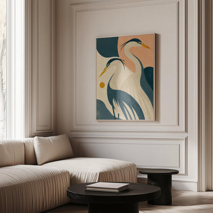 Two great herons with yellow beaks against a peach and teal sky, canvas wall art on a quiet wall in a considered interior