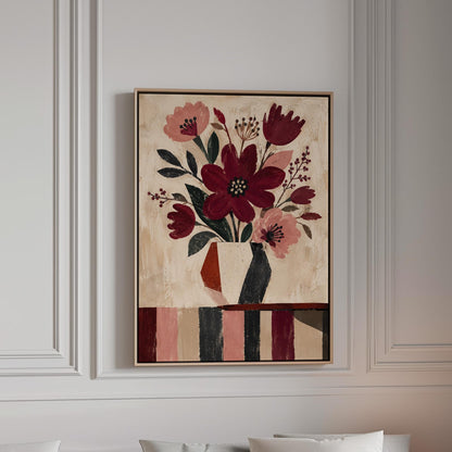 Burgundy and dusty pink flowers in a striped vase on a striped table, canvas print in a bright room with natural daylight
