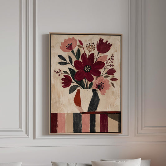 Burgundy and dusty pink flowers in a striped vase on a striped table, canvas print in a bright room with natural daylight