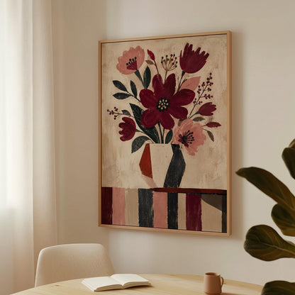 Burgundy and dusty pink flowers in a striped vase on a striped table, canvas print styled against a soft white wall