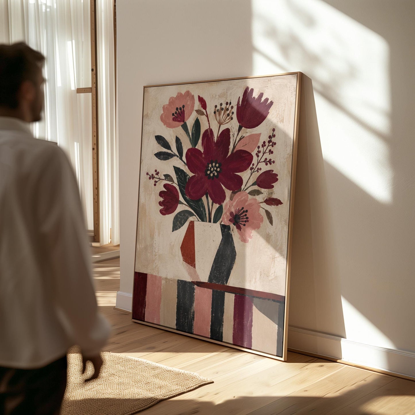 Burgundy and dusty pink flowers in a striped vase on a striped table, canvas print on a quiet wall in a considered interior