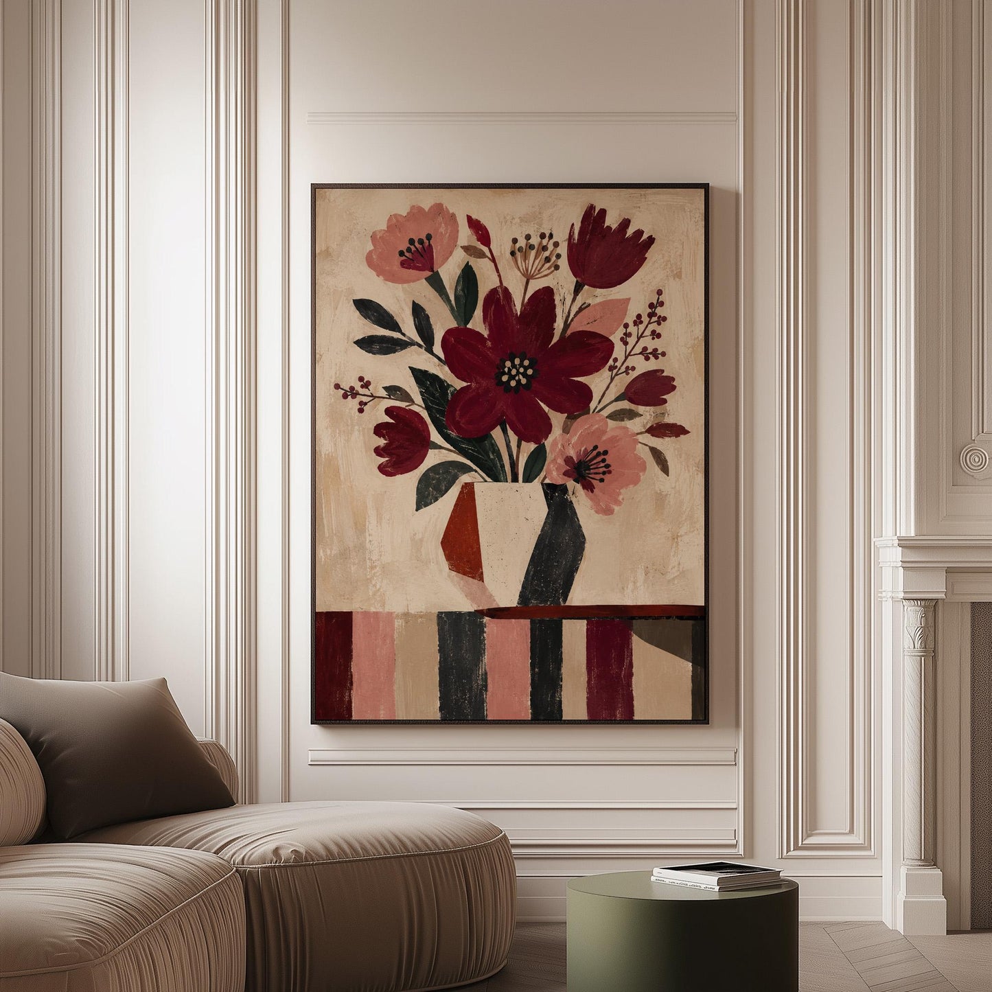 Burgundy and dusty pink flowers in a striped vase on a striped table, canvas print on a softly lit wall in a calm interior