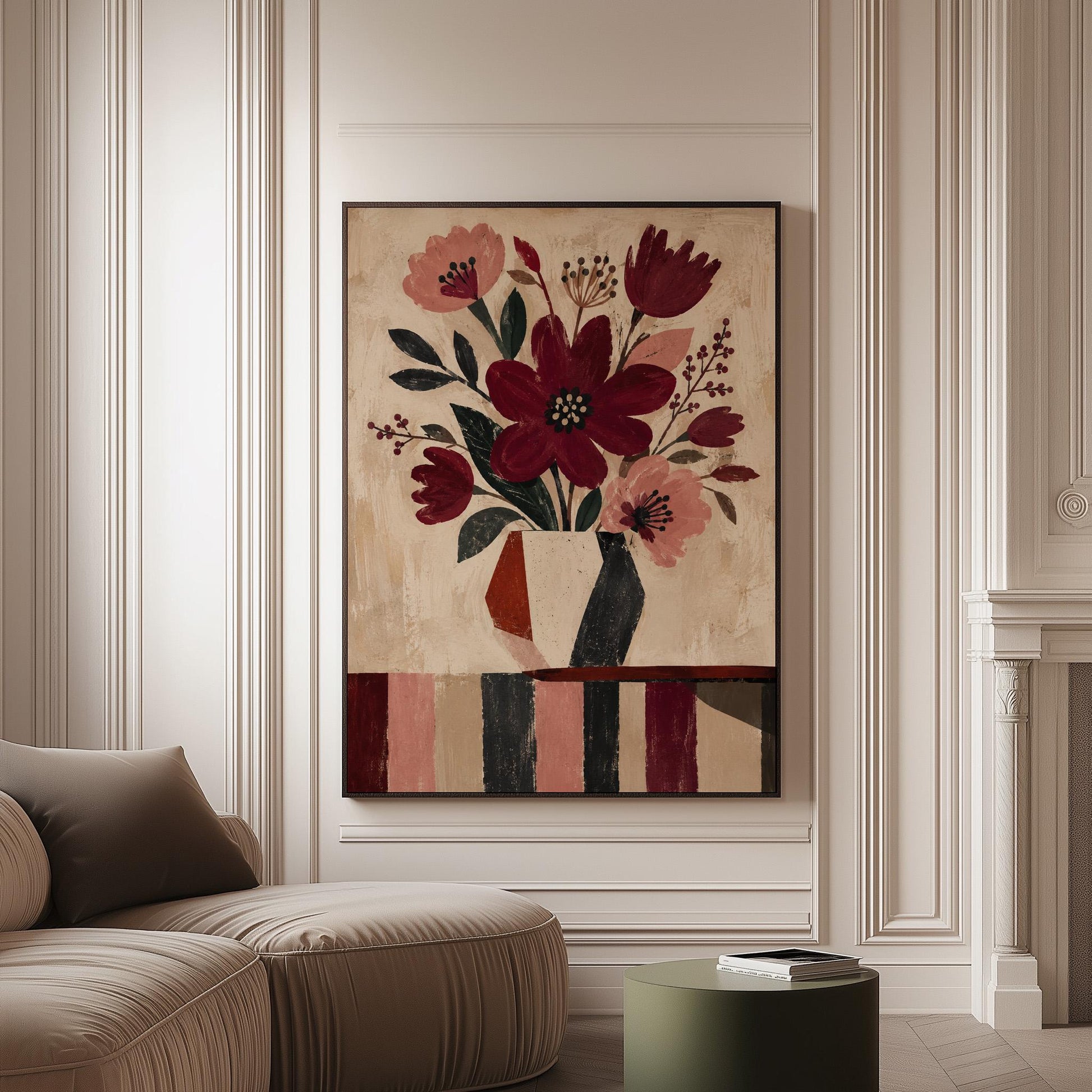 Burgundy and dusty pink flowers in a striped vase on a striped table, canvas print on a softly lit wall in a calm interior
