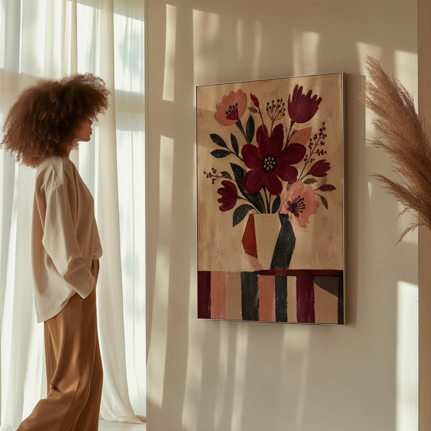 Burgundy and dusty pink flowers in a striped vase on a striped table, canvas print shown in a sunlit, contemporary room
