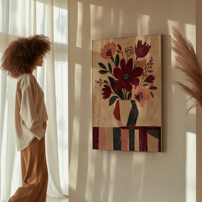 Burgundy and dusty pink flowers in a striped vase on a striped table, canvas print shown in a sunlit, contemporary room