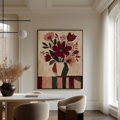 Burgundy and dusty pink flowers in a striped vase on a striped table, canvas wall art seen in a warm interior with natural light