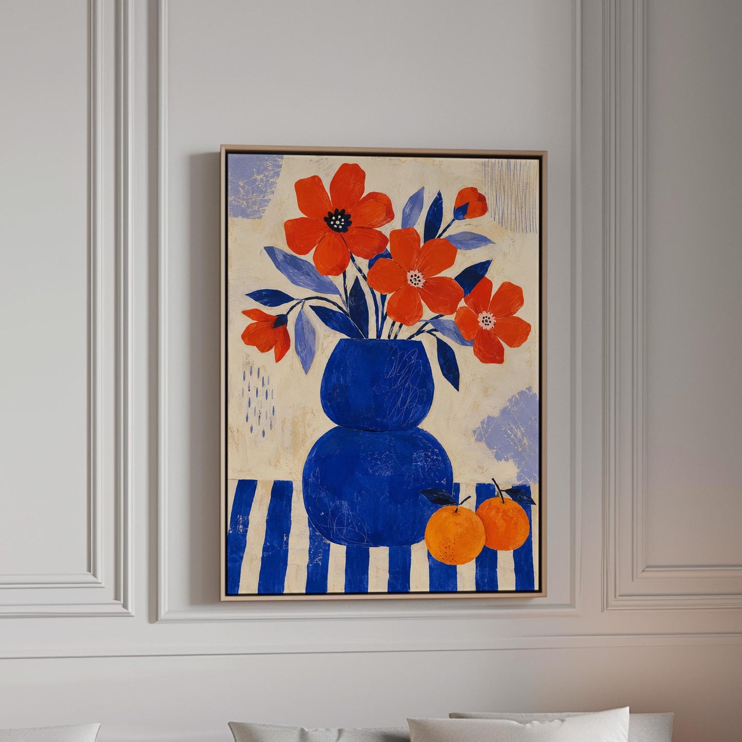 Scarlet poppies in a cobalt vase with oranges on a blue striped cloth, canvas print in a bright room with natural daylight