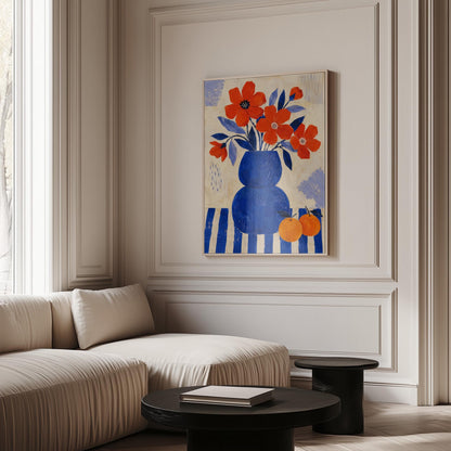Scarlet poppies in a cobalt vase with oranges on a blue striped cloth, canvas print displayed on a neutral wall in a styled interior