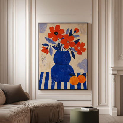 Scarlet poppies in a cobalt vase with oranges on a blue striped cloth, canvas print on a softly lit wall in a calm interior