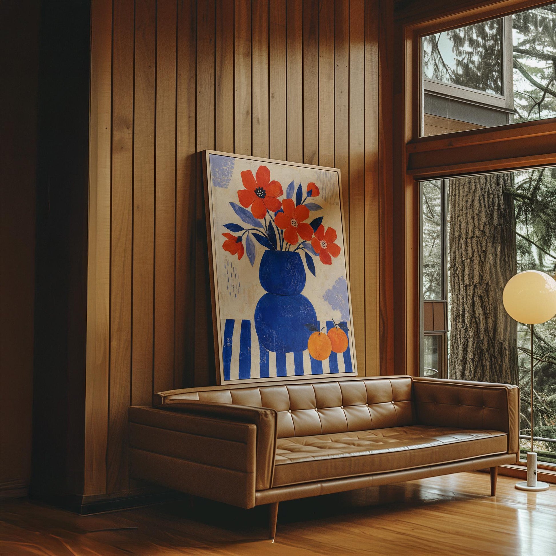 Scarlet poppies in a cobalt vase with oranges on a blue striped cloth, canvas wall art on a quiet wall in a considered interior