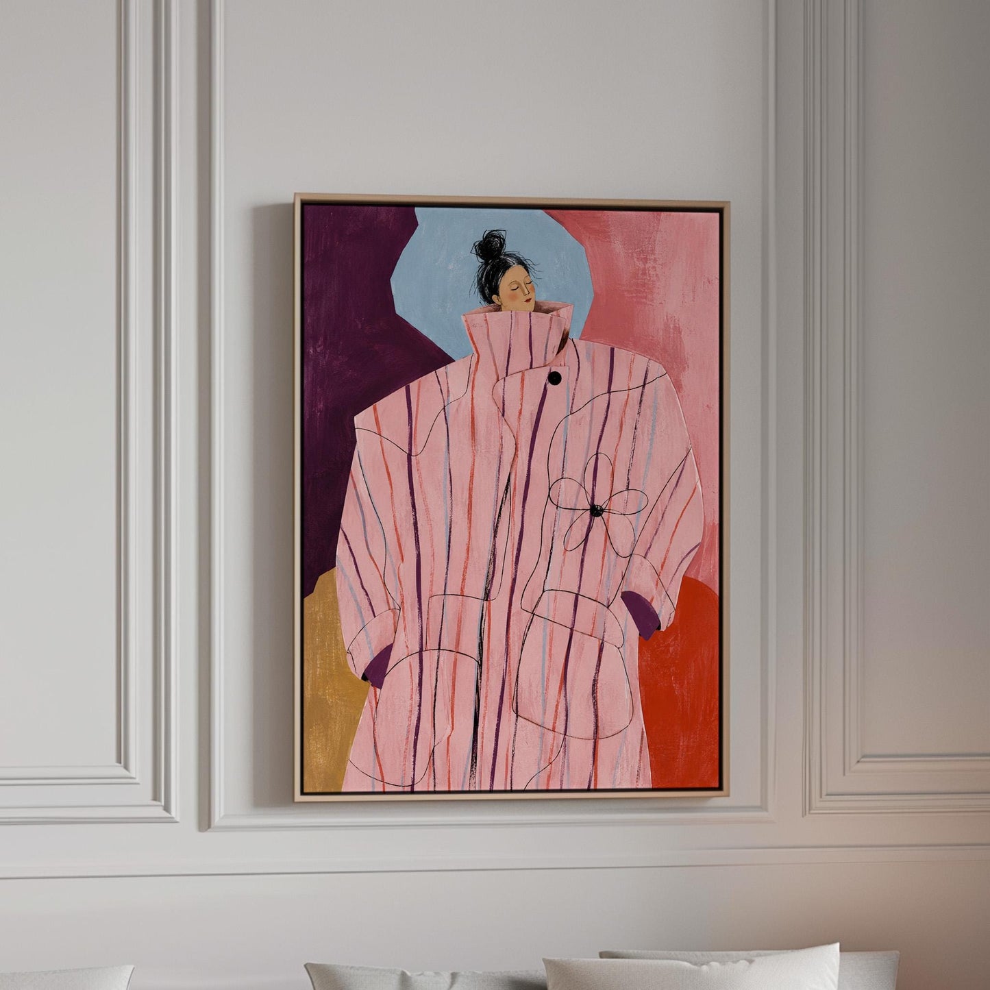 Woman in an oversized pink striped coat against plum and coral blocks, canvas print in a bright room with natural daylight