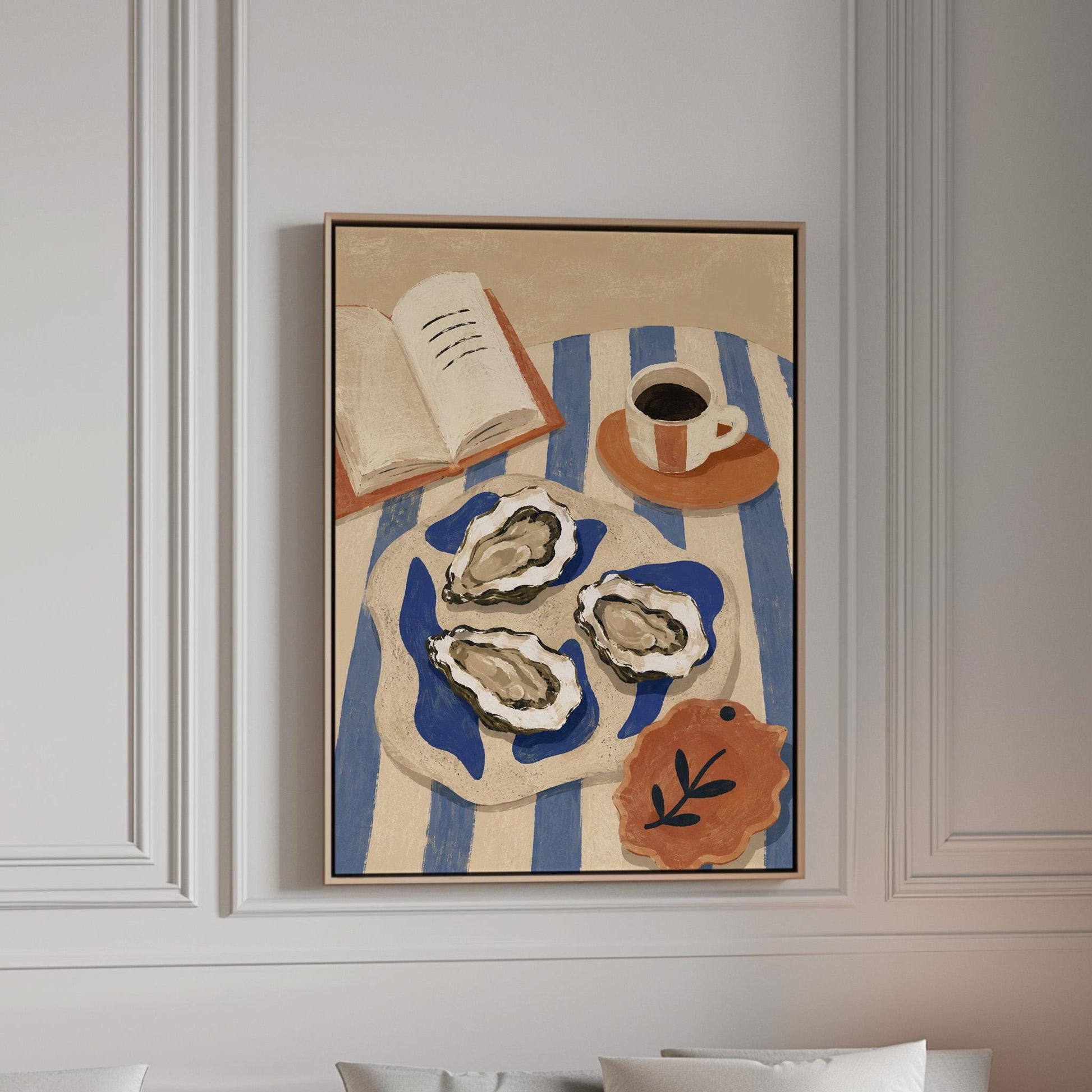 Plate of oysters with espresso and an open book on a striped cloth, canvas print in a bright room with natural daylight