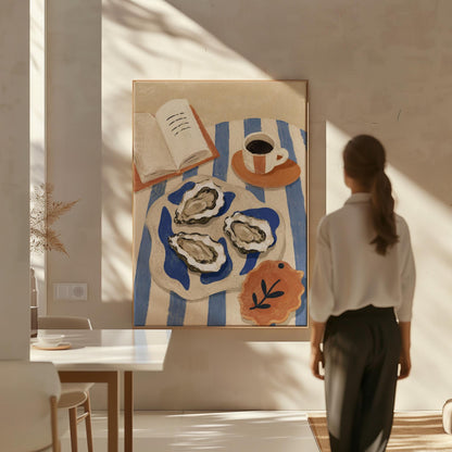 Plate of oysters with espresso and an open book on a striped cloth, canvas print presented in a light, minimal room
