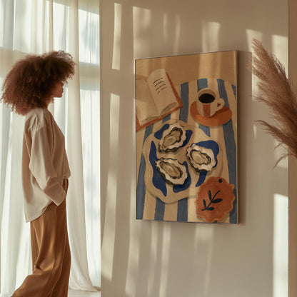 Plate of oysters with espresso and an open book on a striped cloth, canvas print on a quiet wall in a considered interior
