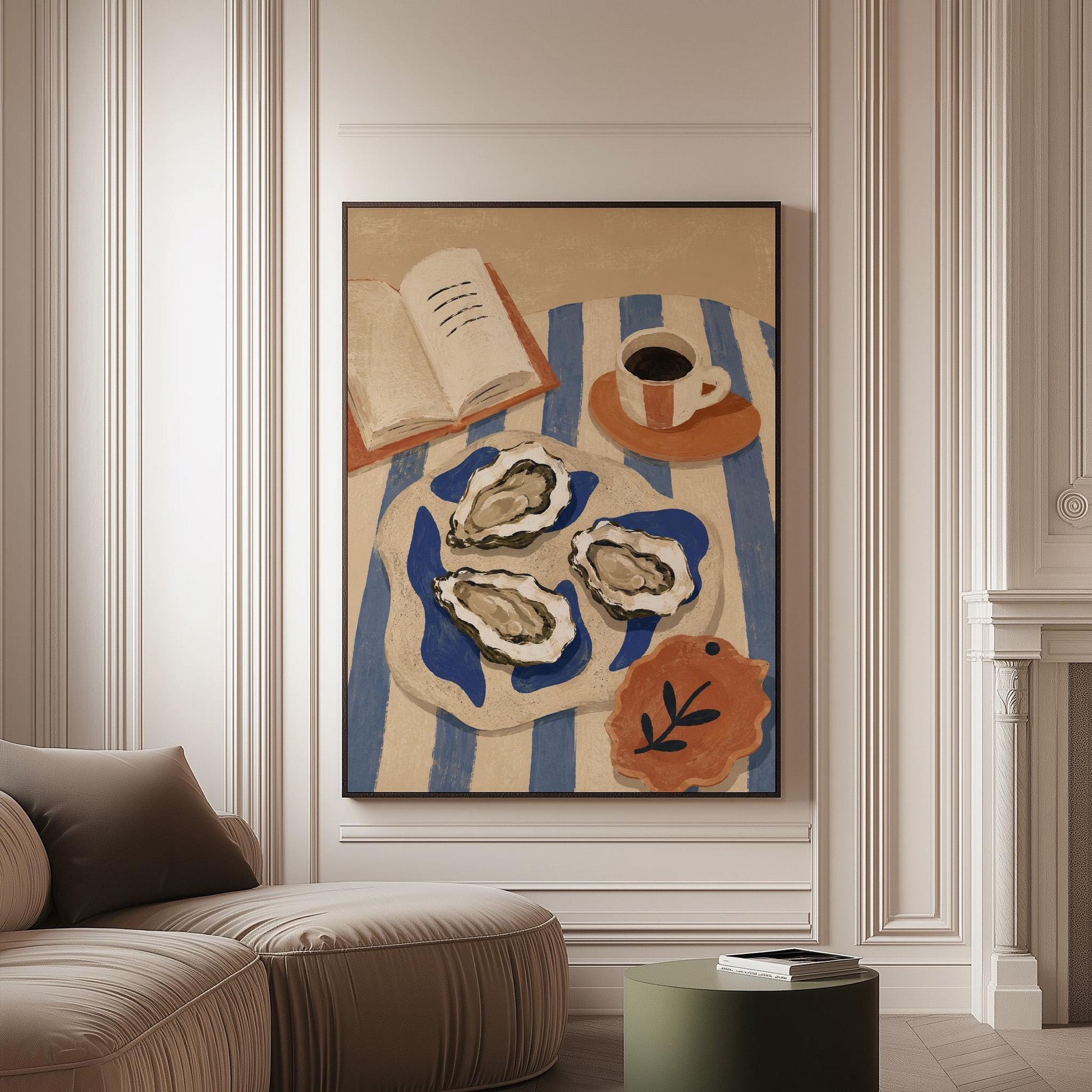 Plate of oysters with espresso and an open book on a striped cloth, canvas print on a softly lit wall in a calm interior