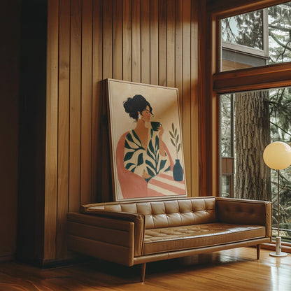 Woman in a leaf print robe drinking from a teal cup beside a vase, canvas print seen in a warm interior with natural light