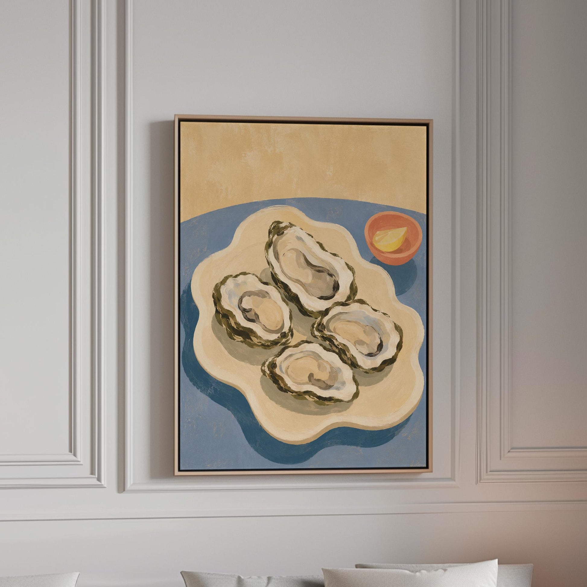Four open oysters on a cream platter with lemon on a dusty blue ground, canvas print in a bright room with natural daylight