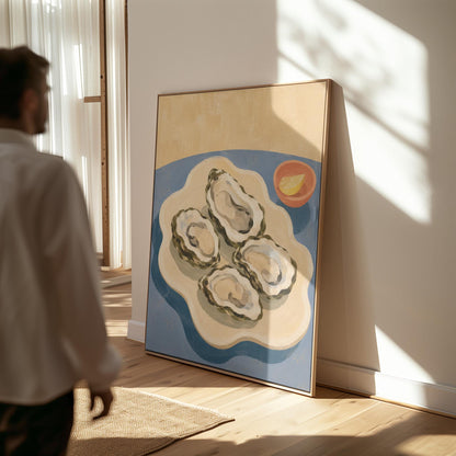 Four open oysters on a cream platter with lemon on a dusty blue ground, canvas print displayed on a neutral wall in a styled interior