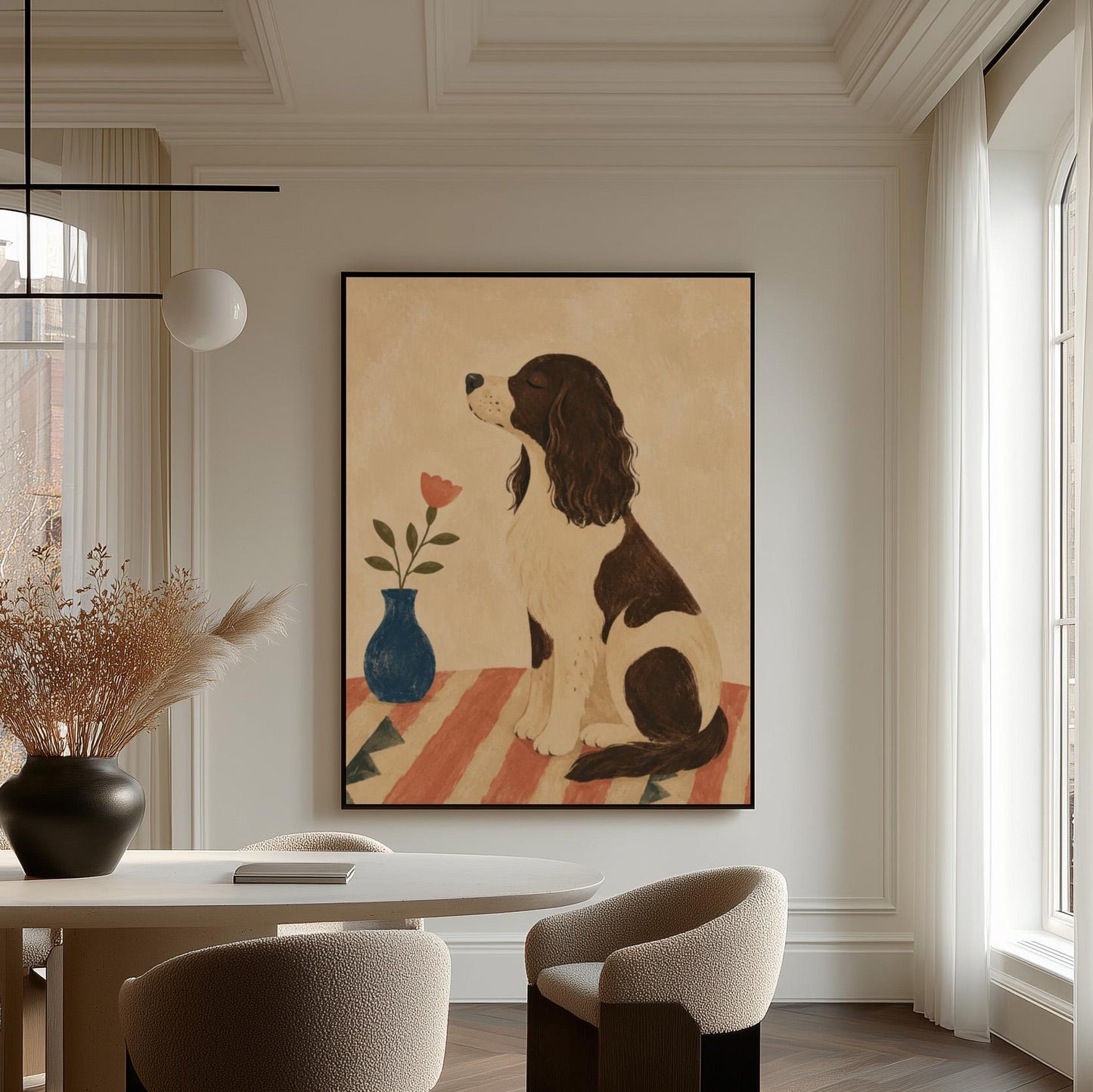 Brown and white spaniel sniffing a coral tulip in a small blue vase, canvas print hanging in a calm, modern living space
