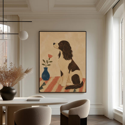 Brown and white spaniel sniffing a coral tulip in a small blue vase, canvas print hanging in a calm, modern living space