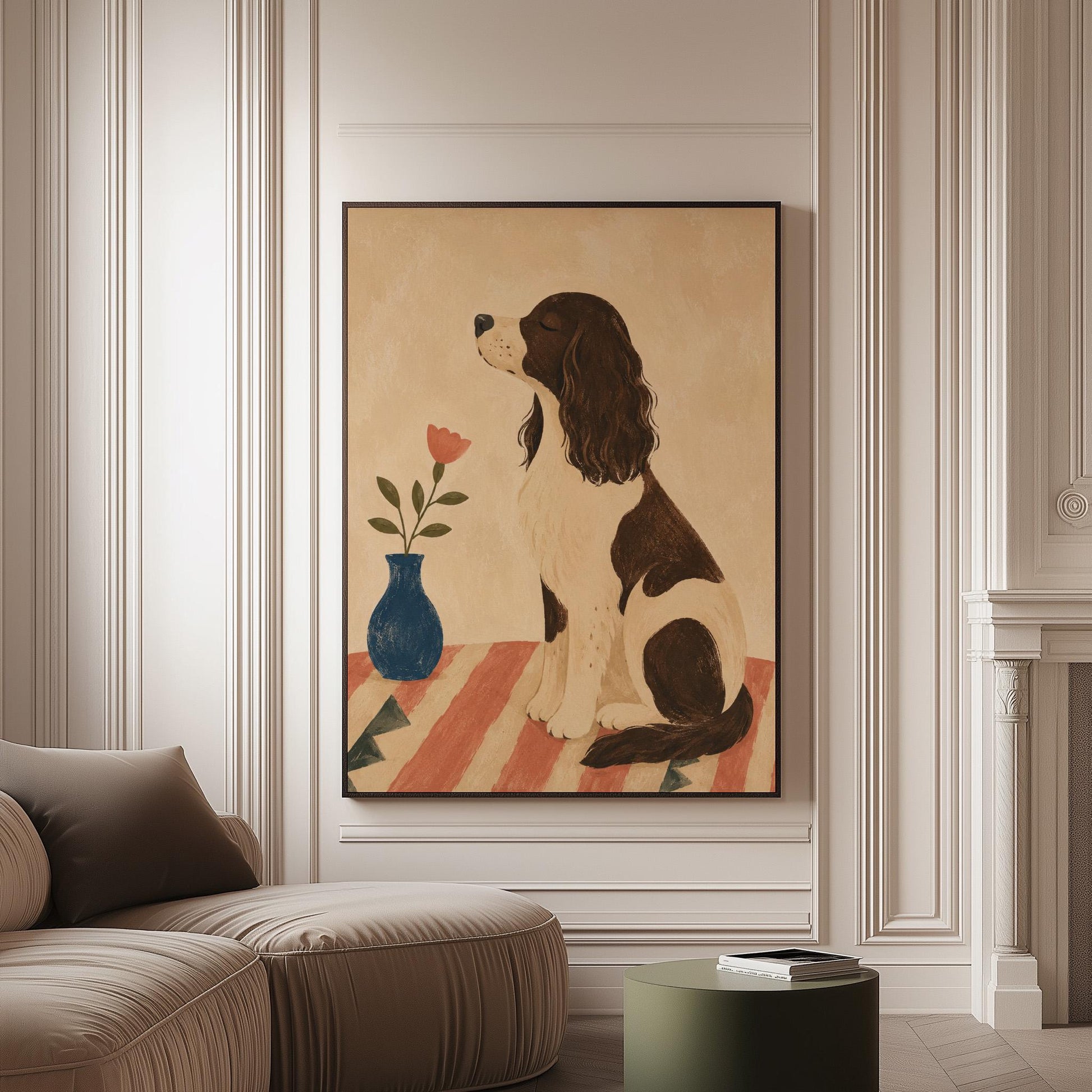 Brown and white spaniel sniffing a coral tulip in a small blue vase, canvas print on a softly lit wall in a calm interior