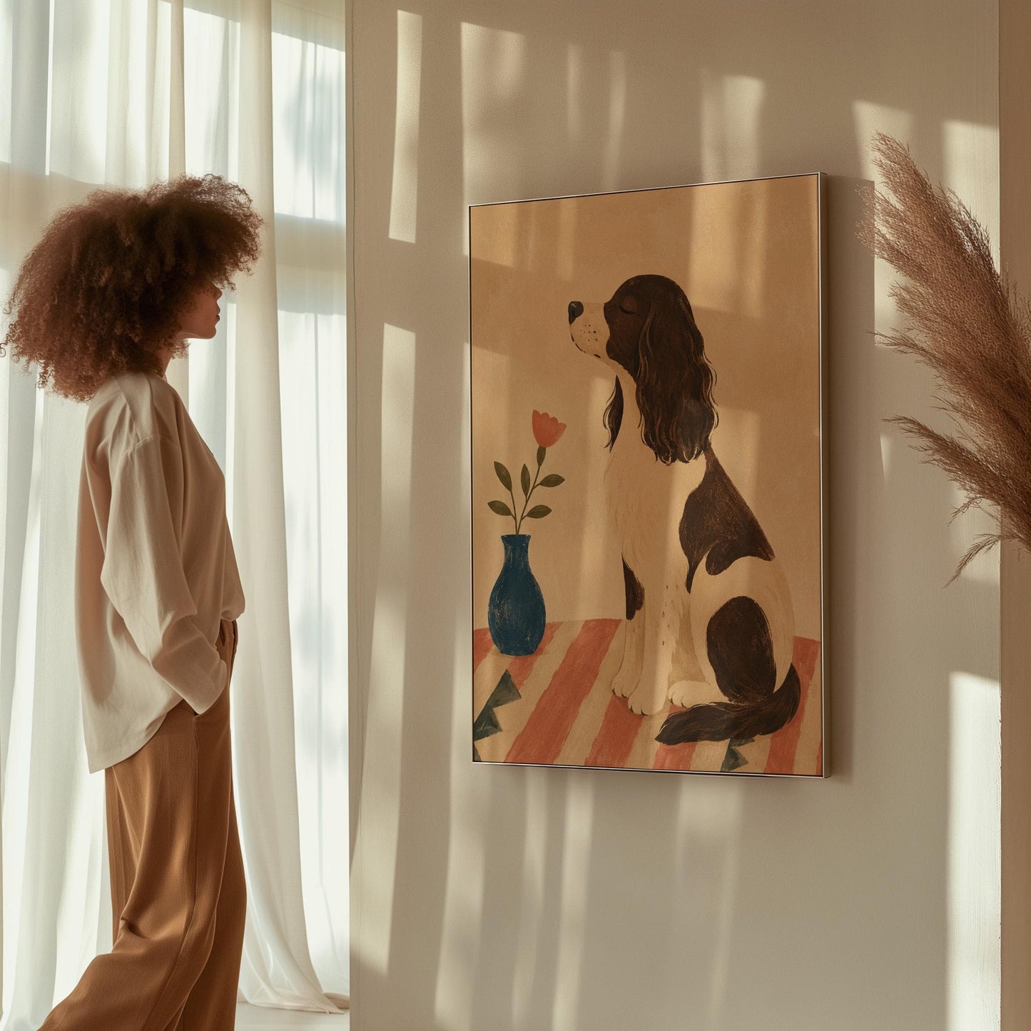Brown and white spaniel sniffing a coral tulip in a small blue vase, canvas print presented in a light, minimal room