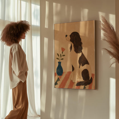 Brown and white spaniel sniffing a coral tulip in a small blue vase, canvas print presented in a light, minimal room