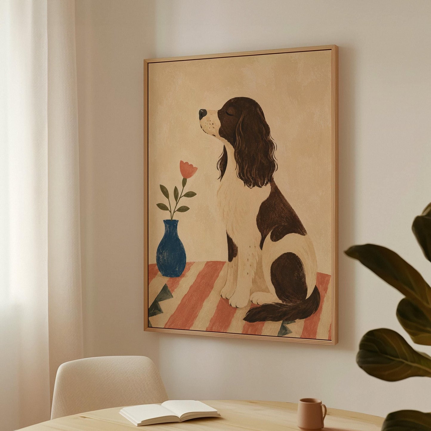 Brown and white spaniel sniffing a coral tulip in a small blue vase, canvas print shown in a sunlit, contemporary room