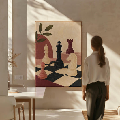 Chess pieces on a tilted board with an olive sprig and a red arch, canvas print hanging in a calm, modern living space
