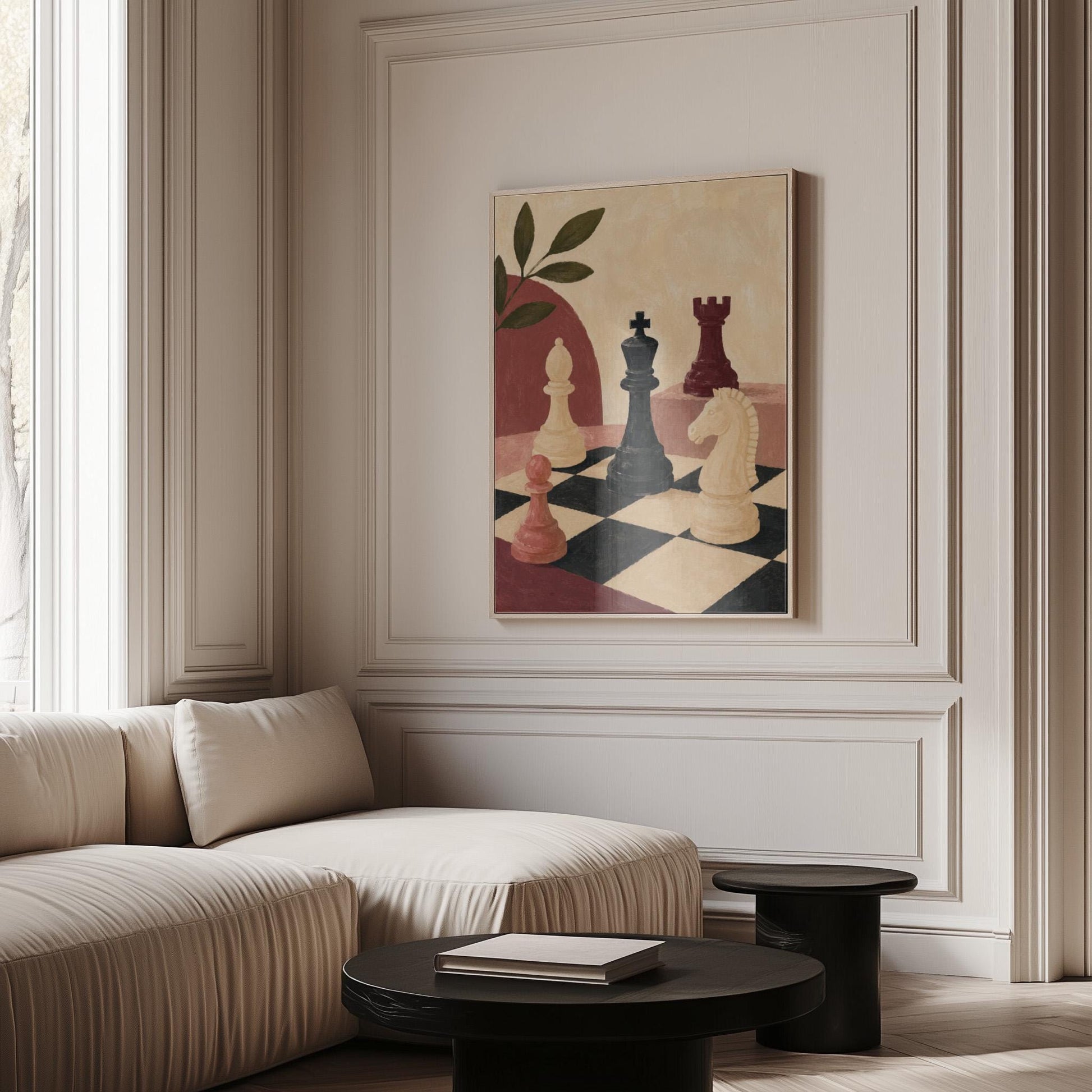 Chess pieces on a tilted board with an olive sprig and a red arch, canvas print styled against a soft white wall