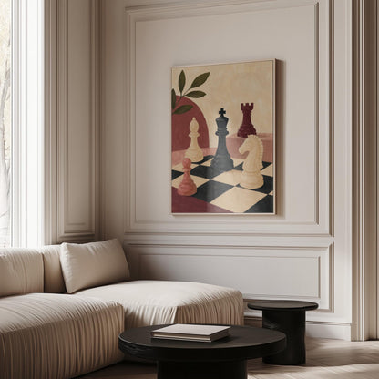 Chess pieces on a tilted board with an olive sprig and a red arch, canvas print styled against a soft white wall